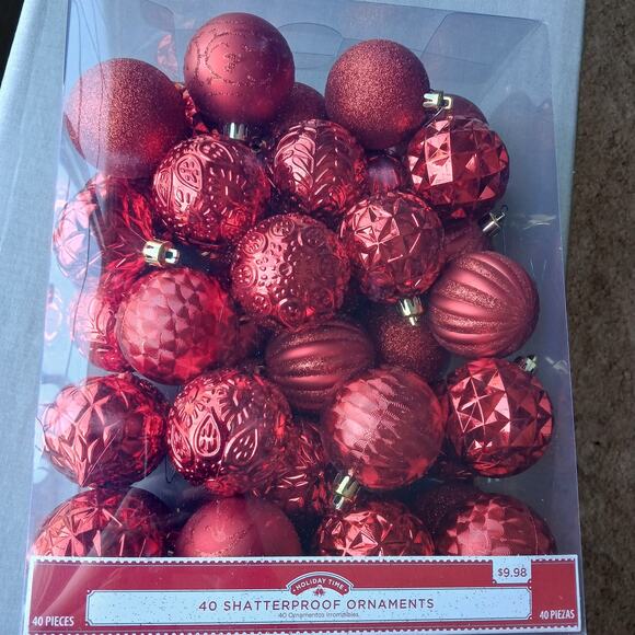 Holiday Time 40 Shatterproof Ornaments red glitter orbs with hooks balls - Picture 1 of 11